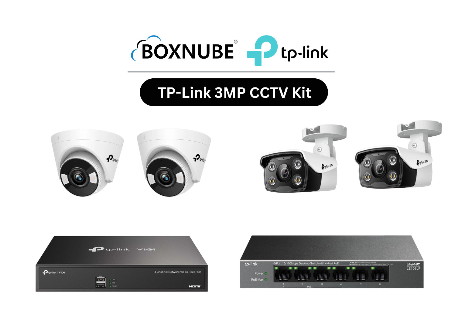 TP-Link VIGI 3MP Full HD 4 Camera Kit Bundle | 2 x VIGI C330, 2 x VIGI C430, 1 x 4 Channel NVR, 1 x 4 Port PoE Switch | Ideal for homes, shops TP-Link VIGI 3MP Full HD 4 Camera Kit Bundle | 2 x VIGI C330, 2 x VIGI C430, 1 x 4 Channel NVR, 1 x 4 Port PoE Switch | Ideal for homes, shops